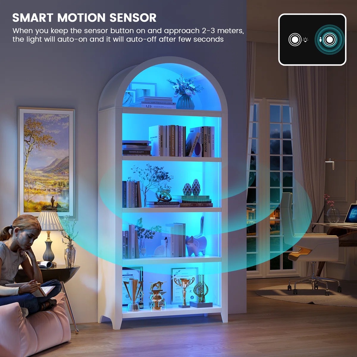 Oak & Aura's 175cm H x 75cm W Bookcase with Tri-Color Sensor Light