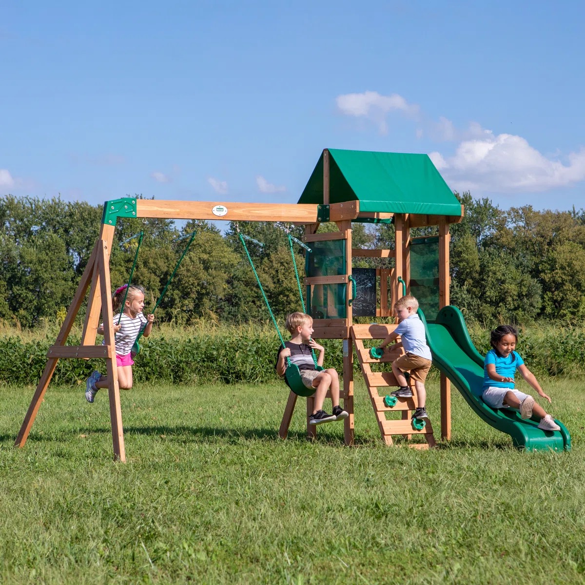 Oak & Aura's Backyard Cedar Wooden Swing Set with 2 Swings and 1 Slide