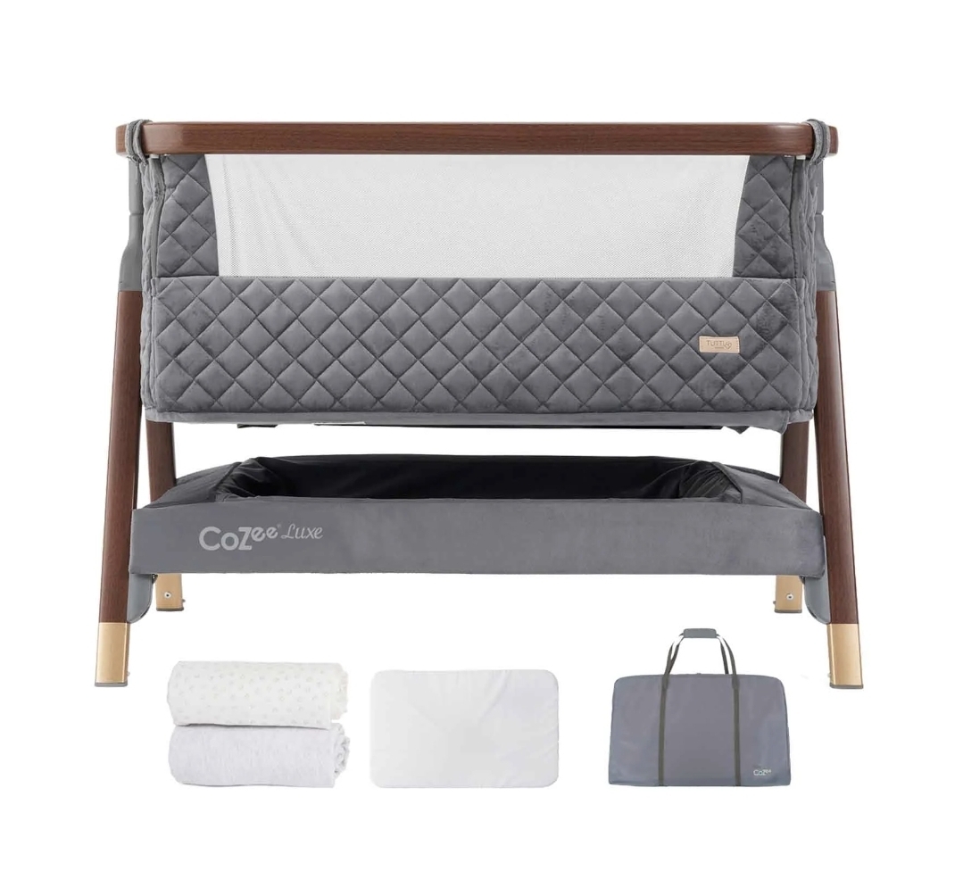 Oak & Aura's Bedside Crib with Mattress & 2 Fitted Sheets - Walnut & Slate