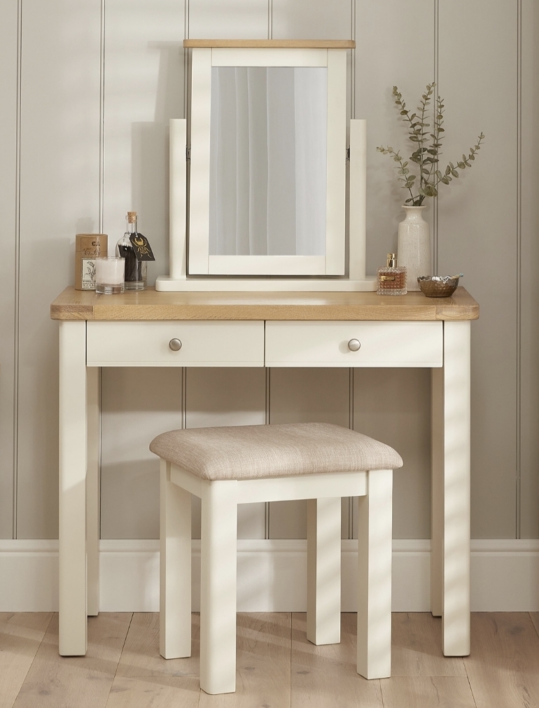 Oak & Aura's 2 Drawer Dressing Table Set with Mirror & Stool