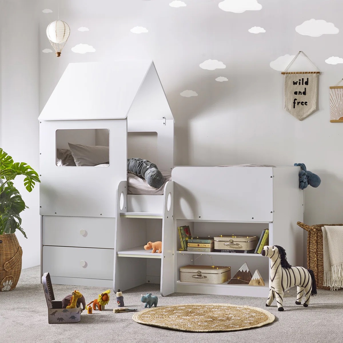 Oak And Aura Kids Single (3') Loft Bed With Mattress