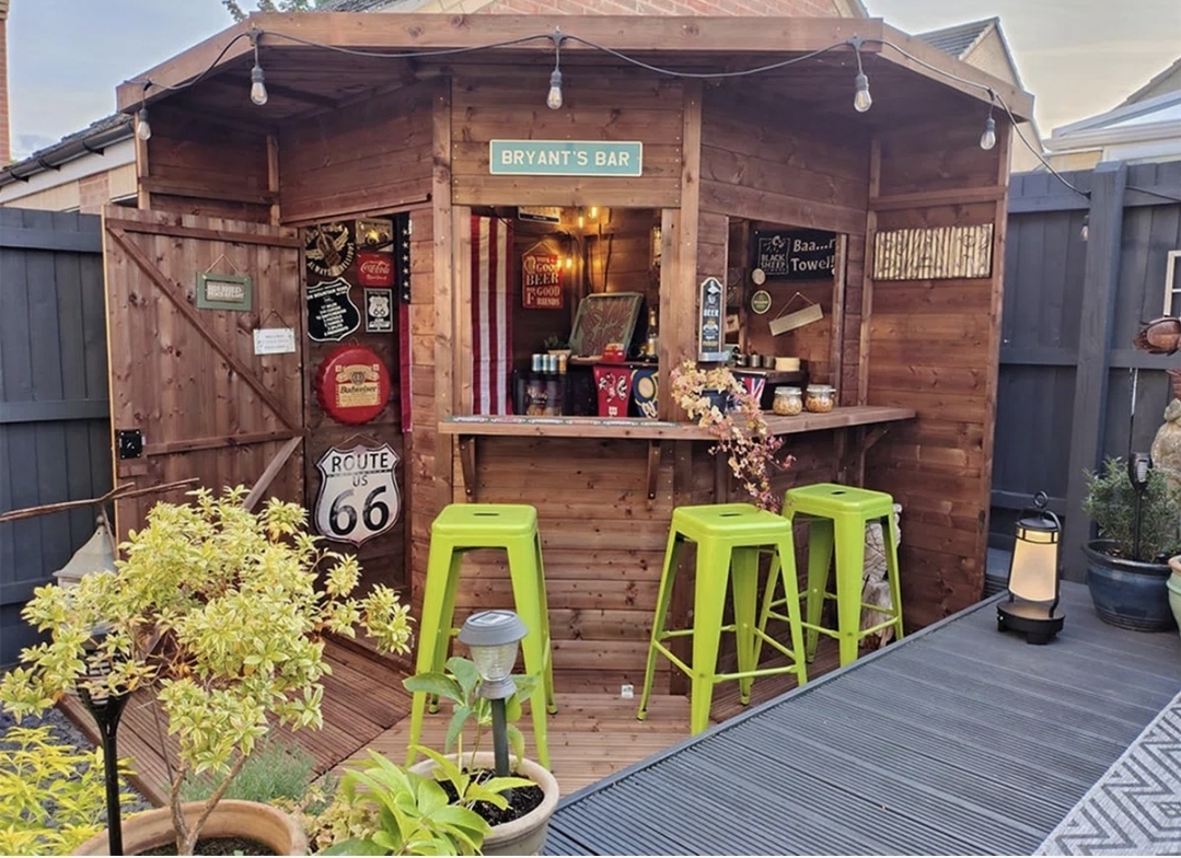 Oak & Aura's Pressure Treated Garden Bar, 2.4m x 2.4m (8' x 8'), The Corner Hangover III, Fully Loaded Outdoor Bar