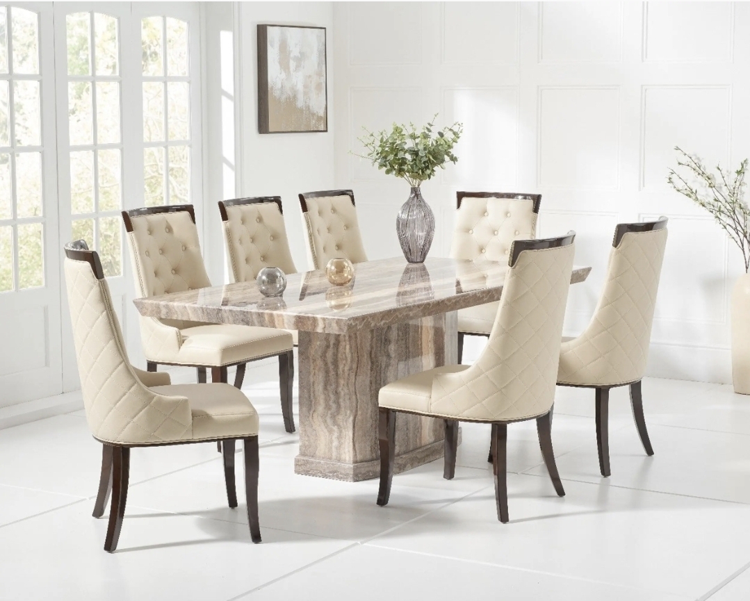 Oak & Aura's Pedestal Marble Dining Table with 7 chairs