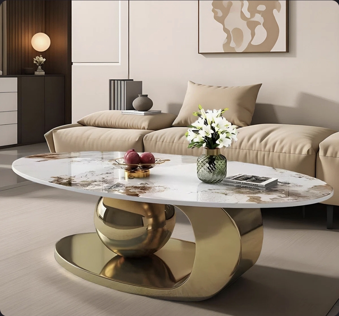 Oak & Aura's Oversize 51.2'' L Oval Countertop Coffee Table With Stainless Steel Base.