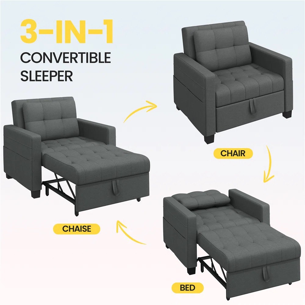 Oak  & Aura's 3-in-1 Convertible Sleeper Accent Chair Bed with Adjustable Backrest & Back Pillow