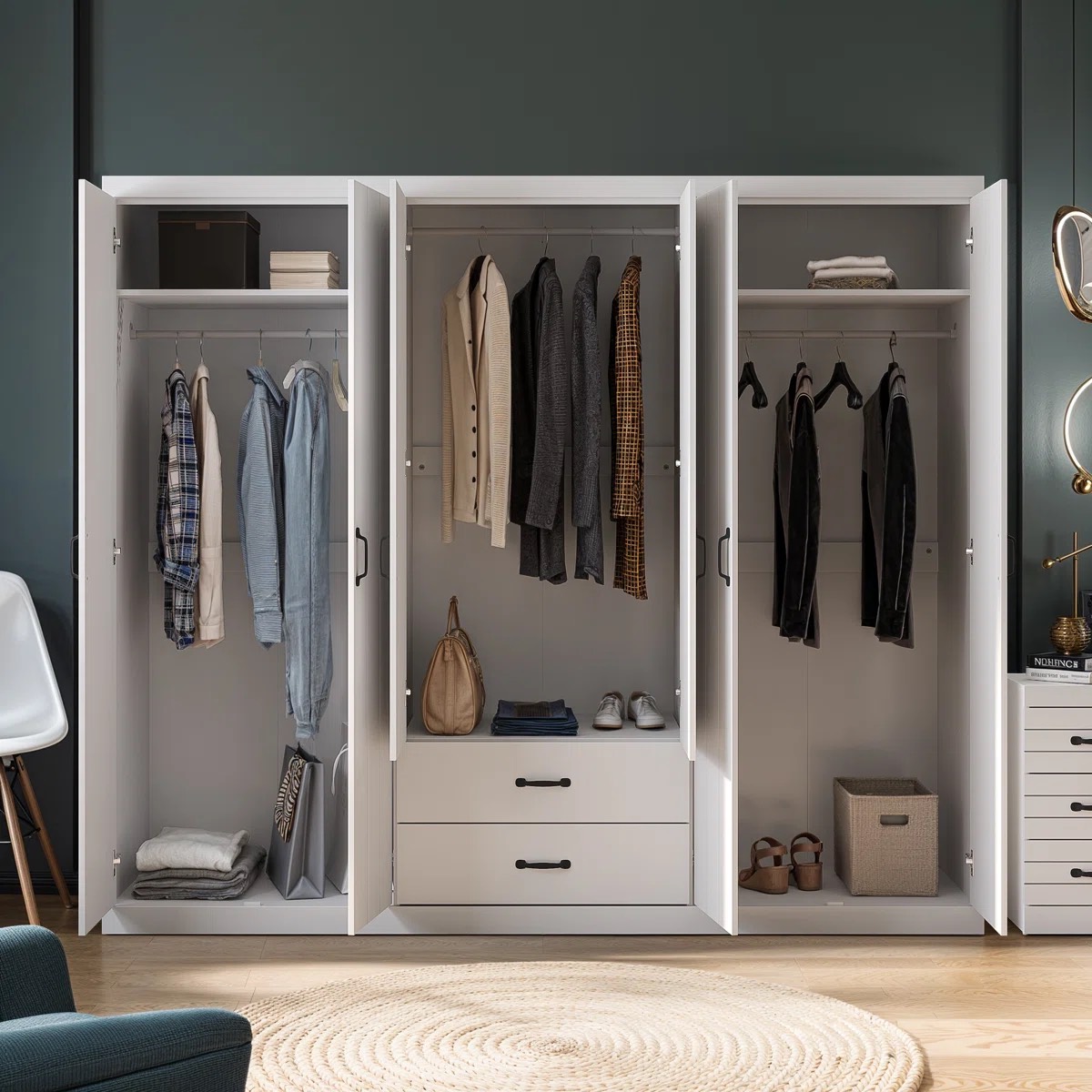 Oak And Aura 6 Door 2 Drawer Wardrobe With Mirror