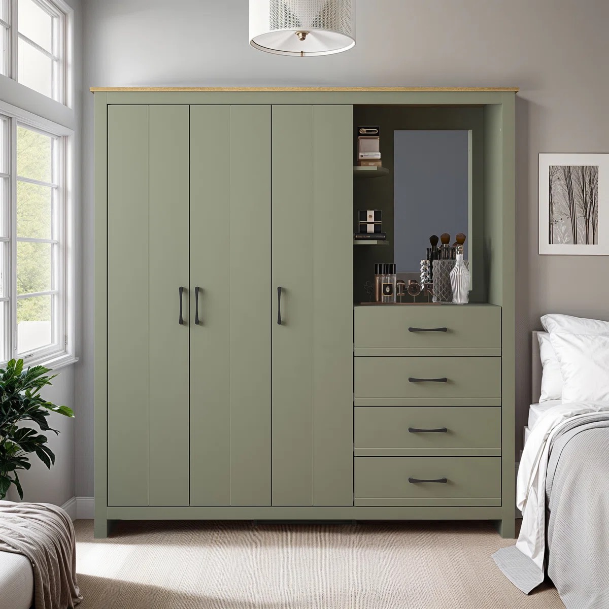 Oak And Aura Combi Fitment Wardrobe,colors available kale green, light grey , white