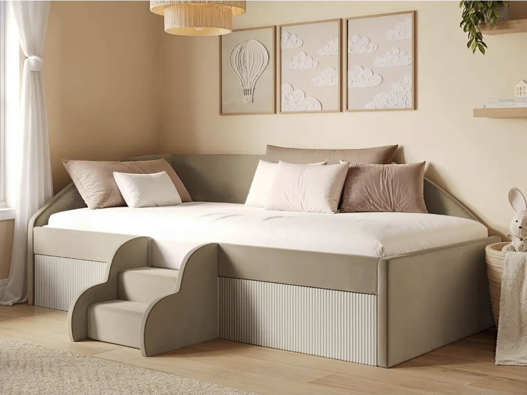 Oak & Aura's Velvet Low Sleeper Bed with Mattress & Beige Cord