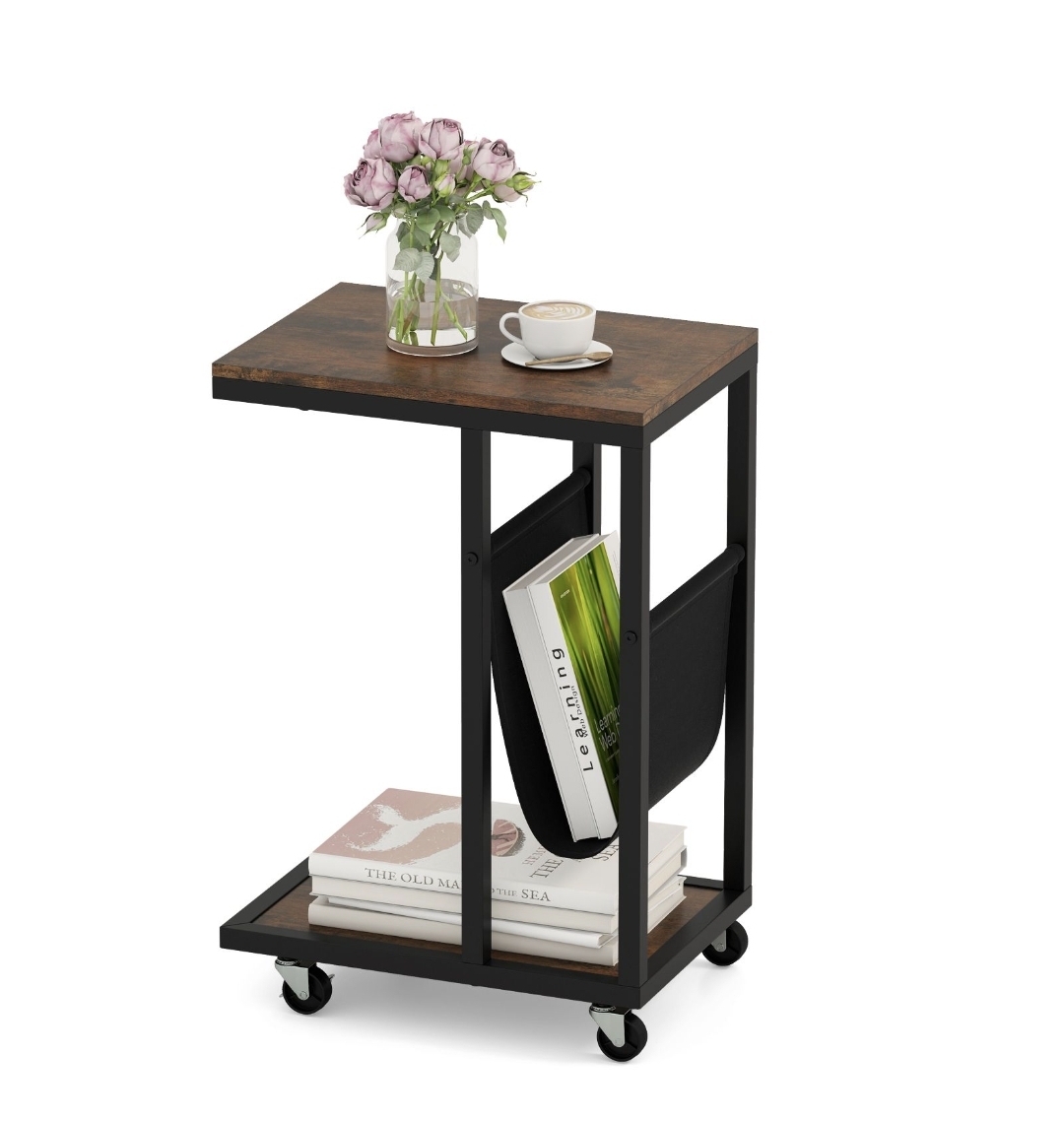 Oak & Aura's C - shaped Side Table on Wheels with Storage Pouch for Living Room and Bedroom